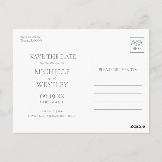 Minimalistisch Monogram Sage Groene Foto De datum  Briefkaart (Achterkant)