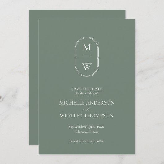 Minimalistisch Monogram Saliegroen Trouwen Save The Date (Voorkant / Achterkant)