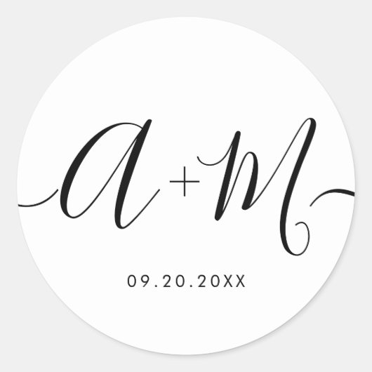 Minimalistisch Monogram Script Aangepaste trouwdat Ronde Sticker (Voorkant)