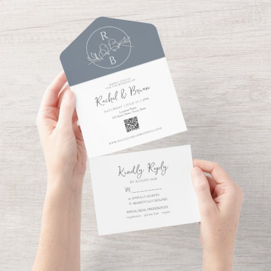 Minimalistisch Monogram Stusty Blue Wedding All In One Uitnodiging (Afscheurbaar)