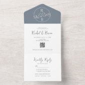 Minimalistisch Monogram Stusty Blue Wedding All In One Uitnodiging (Binnen)
