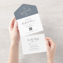 Minimalistisch Monogram Stusty Blue Wedding All In One Uitnodiging