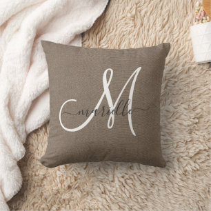 Minimalistisch Monogram Taupe Nep Linnen  Kussen