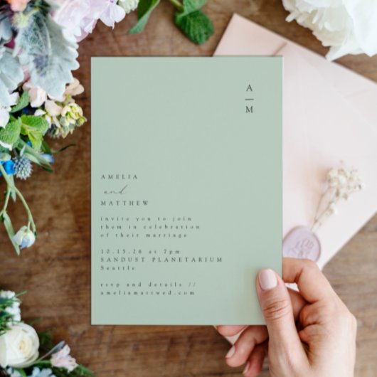 Minimalistisch monogram Trendy Chic Pistachio Wedd Kaart