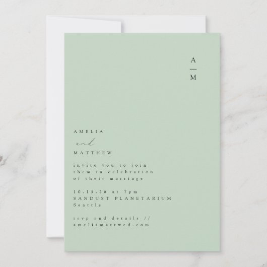 Minimalistisch monogram Trendy Chic Pistachio Wedd Kaart (Voorkant)