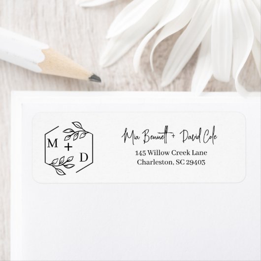 Minimalistisch Monogram Trouwen Zwart en Wit Etiket (Insitu)