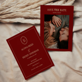 Minimalistisch Monogram Wijnrood Trouwfoto Save The Date
