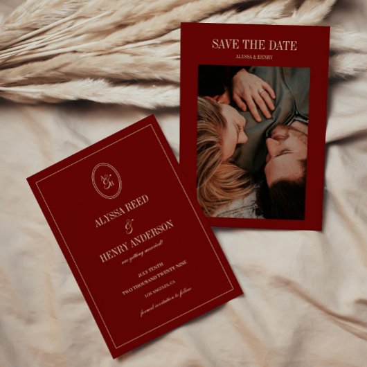 Minimalistisch Monogram Wijnrood Trouwfoto Save The Date