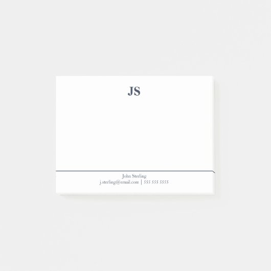 Minimalistisch monogram wit donkerblauw post-it® notes (Voorkant)
