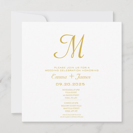 Minimalistisch Monogram Wit Goud Bruiloft Uitnodig (Voorkant)