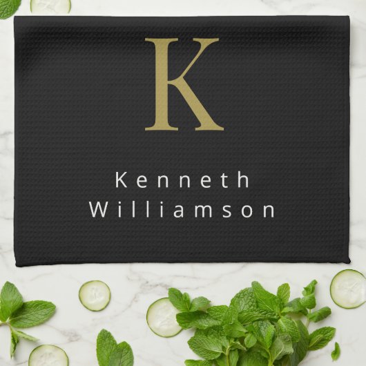 Minimalistisch Monogram Zwart Goud Wit Modern Here Theedoek (Gevouwen)