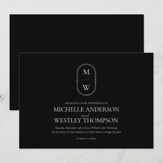 Minimalistisch Monogram Zwart-wit bruiloft Kaart (Voorkant / Achterkant)