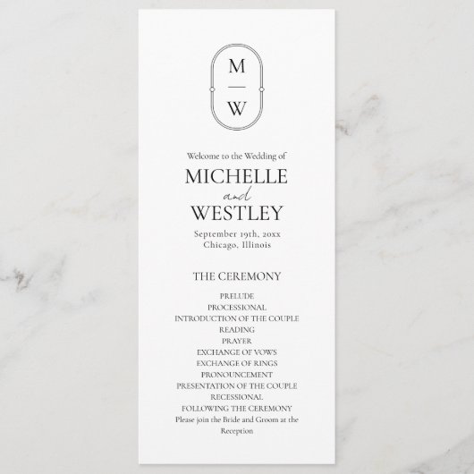 Minimalistisch Monogram Zwart-wit bruiloft Programmakaart (Voorkant)
