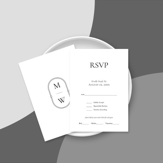 Minimalistisch Monogram Zwart Wit Bruiloft RSVP Ka Kaartje