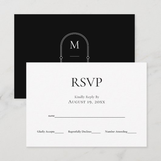 Minimalistisch Monogram Zwart Wit Bruiloft RSVP Ka Kaartje (Voorkant / Achterkant)