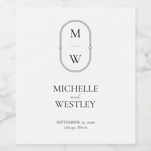 Minimalistisch Monogram Zwart-wit bruiloft Wijn Etiket (Enkel label)