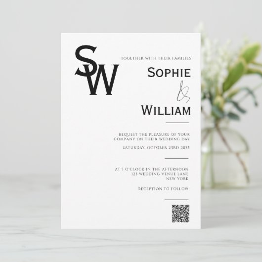 Minimalistisch monogram zwart-wit huwelijk kaart (Staand voorkant)