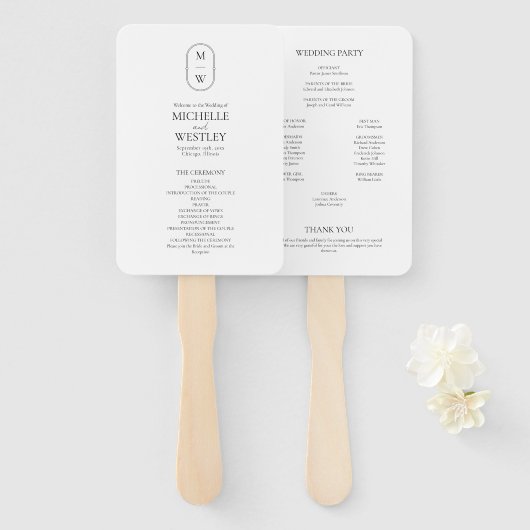 Minimalistisch Monogram Zwart-wit huwelijksprogram Handwaaier (Voorkant en achterkant)