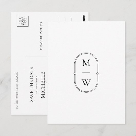 Minimalistisch Monogram Zwart-wit Save the Date Briefkaart (Voorkant / Achterkant)