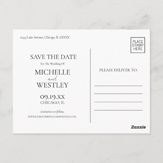 Minimalistisch Monogram Zwart-wit Save the Date Briefkaart (Achterkant)