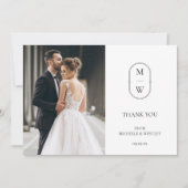 Minimalistisch Monogram Zwart-wit trouwfoto Bedankkaart (Voorkant)