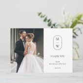 Minimalistisch Monogram Zwart-wit trouwfoto Bedankkaart (Staand voorkant)