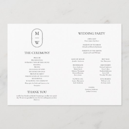 Minimalistisch Monogram Zwart-wit Trouwtijdlijn Programmakaart (Achterkant)
