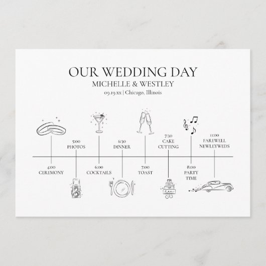 Minimalistisch Monogram Zwart-wit Trouwtijdlijn Programmakaart (Voorkant)