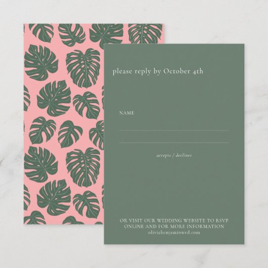 Minimalistisch Monstera Botanisch Roze Groen Wedde RSVP Kaartje (Voorkant / Achterkant)