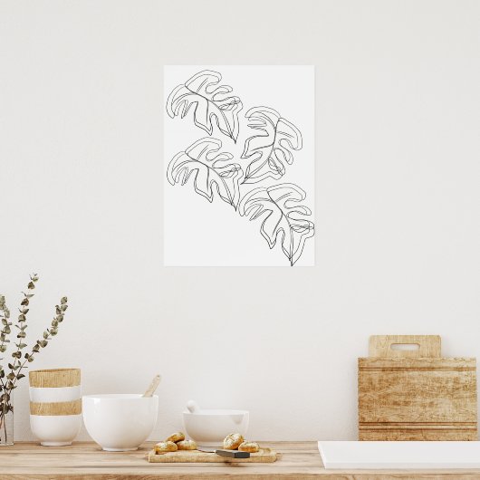 Minimalistisch Monstera Hand Drawn Gesture White Poster (Keuken)