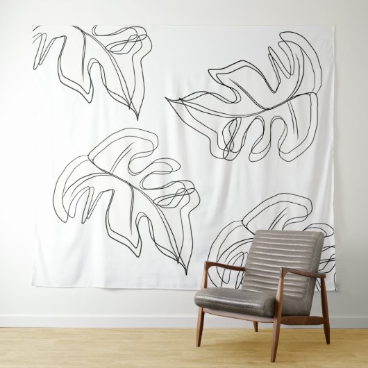 Minimalistisch Monstera Hand Drawn Gesture White Wandkleed (In Situ (horizontaal))