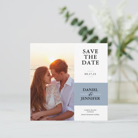 Minimalistisch mosterd blauw fotohuwelijk sparen d save the date (Staand voorkant)