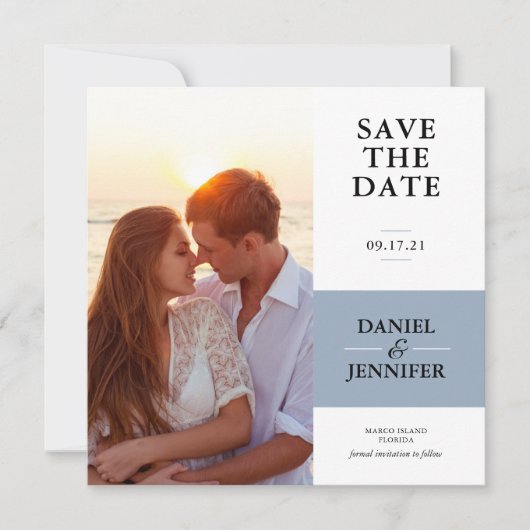 Minimalistisch mosterd blauw fotohuwelijk sparen d save the date (Voorkant)
