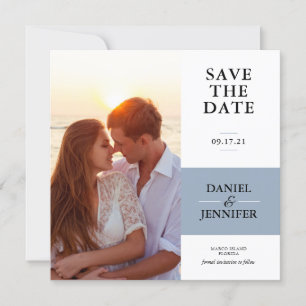 Minimalistisch mosterd blauw fotohuwelijk sparen d save the date