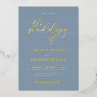 Minimalistisch mosterd Blue Gold Calligraphy Weddi Folie Uitnodiging