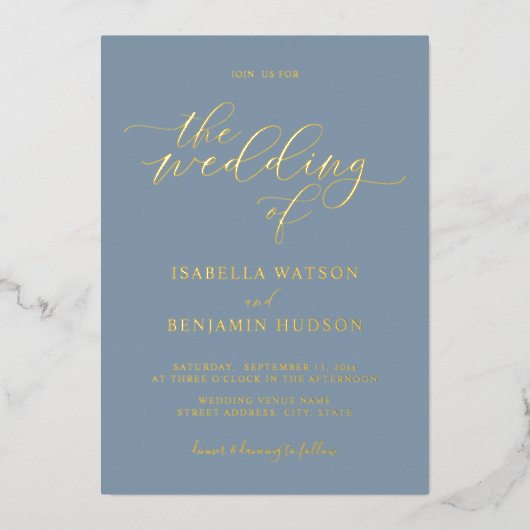 Minimalistisch mosterd Blue Gold Calligraphy Weddi Folie Uitnodiging (Voorkant)