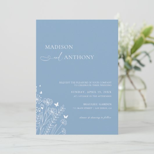 Minimalistisch mosterd Blue Wildflower Wedding Kaart (Staand voorkant)