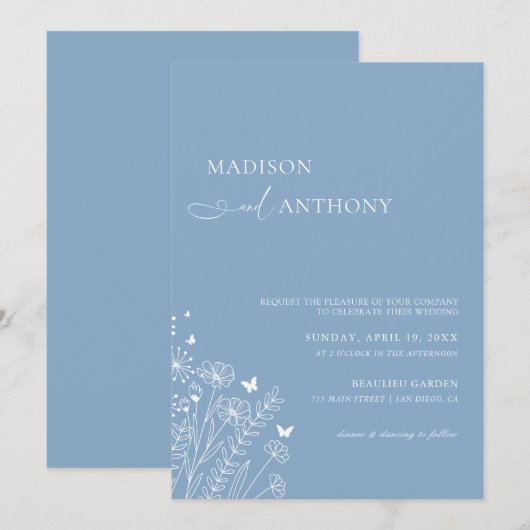 Minimalistisch mosterd Blue Wildflower Wedding Kaart (Voorkant / Achterkant)