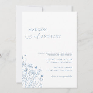 Minimalistisch mosterd Blue Wildflower Wedding Kaart