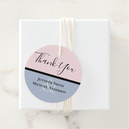 Minimalistisch mosterdblauw bleekroze huwelijk bedankjes labels (In situ)