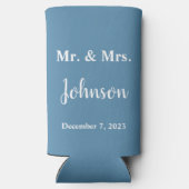 Minimalistisch mosterdblauw en witbruiloft seltzer blikjeskoeler (Achterkant)