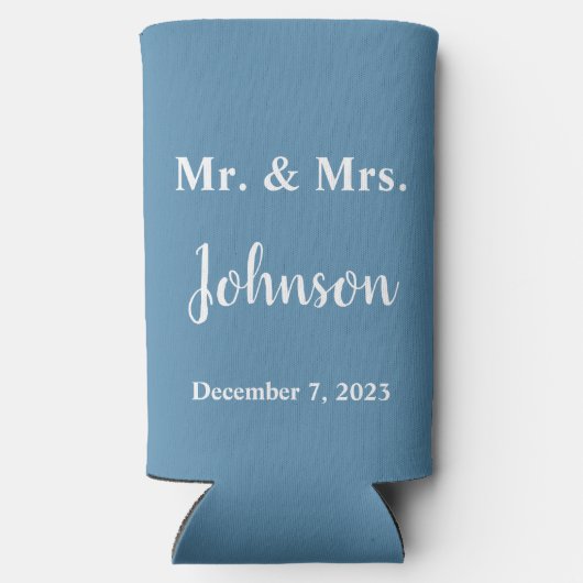 Minimalistisch mosterdblauw en witbruiloft seltzer blikjeskoeler (Achterkant)