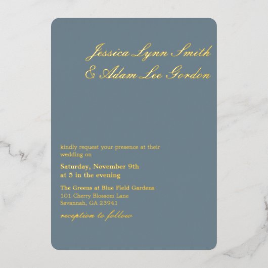 Minimalistisch mosterdblauw folie uitnodiging (Voorkant)