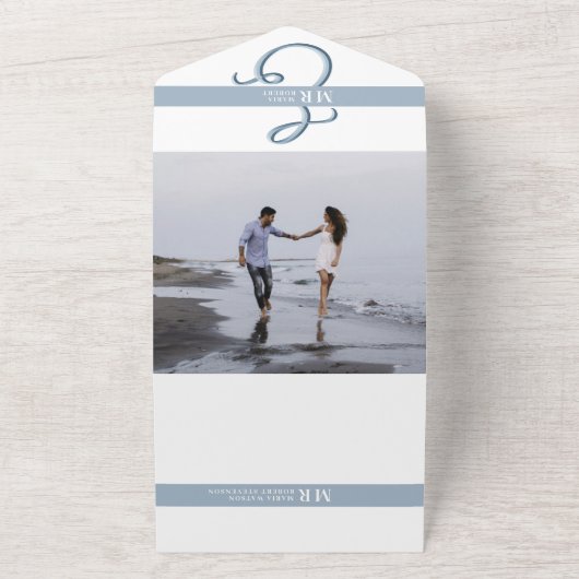 Minimalistisch mosterdblauw huwelijk all in one uitnodiging (Buitenkant)