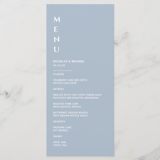 Minimalistisch mosterdblauw huwelijk menu (Voorkant)