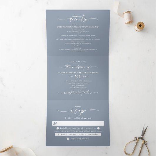 Minimalistisch mosterdblauw in één bruiloft foto drieluik uitnodiging (Binnen)