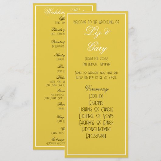 Minimalistisch mosterdgeel programma programmakaart (Voorkant / Achterkant)