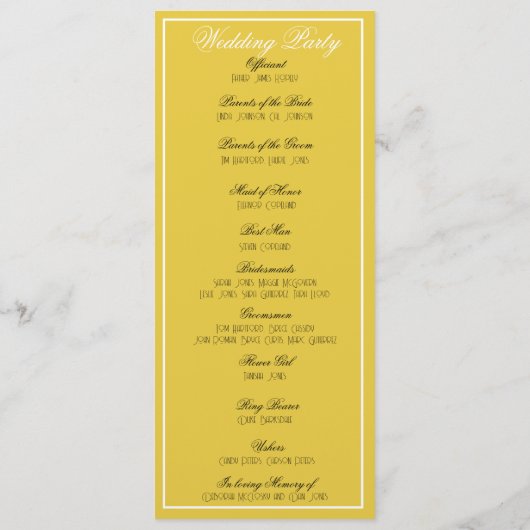 Minimalistisch mosterdgeel programma programmakaart (Achterkant)