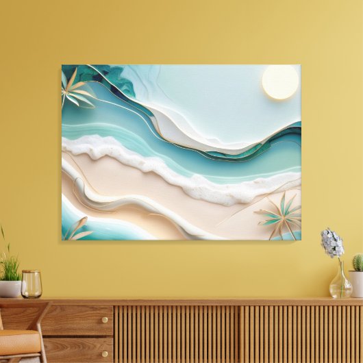 Minimalistisch mozaïek strandlandschap met palmbom canvas afdruk (Insitu (Woonkamer))