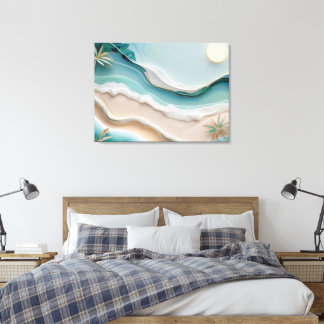Minimalistisch mozaïek strandlandschap met palmbom canvas afdruk